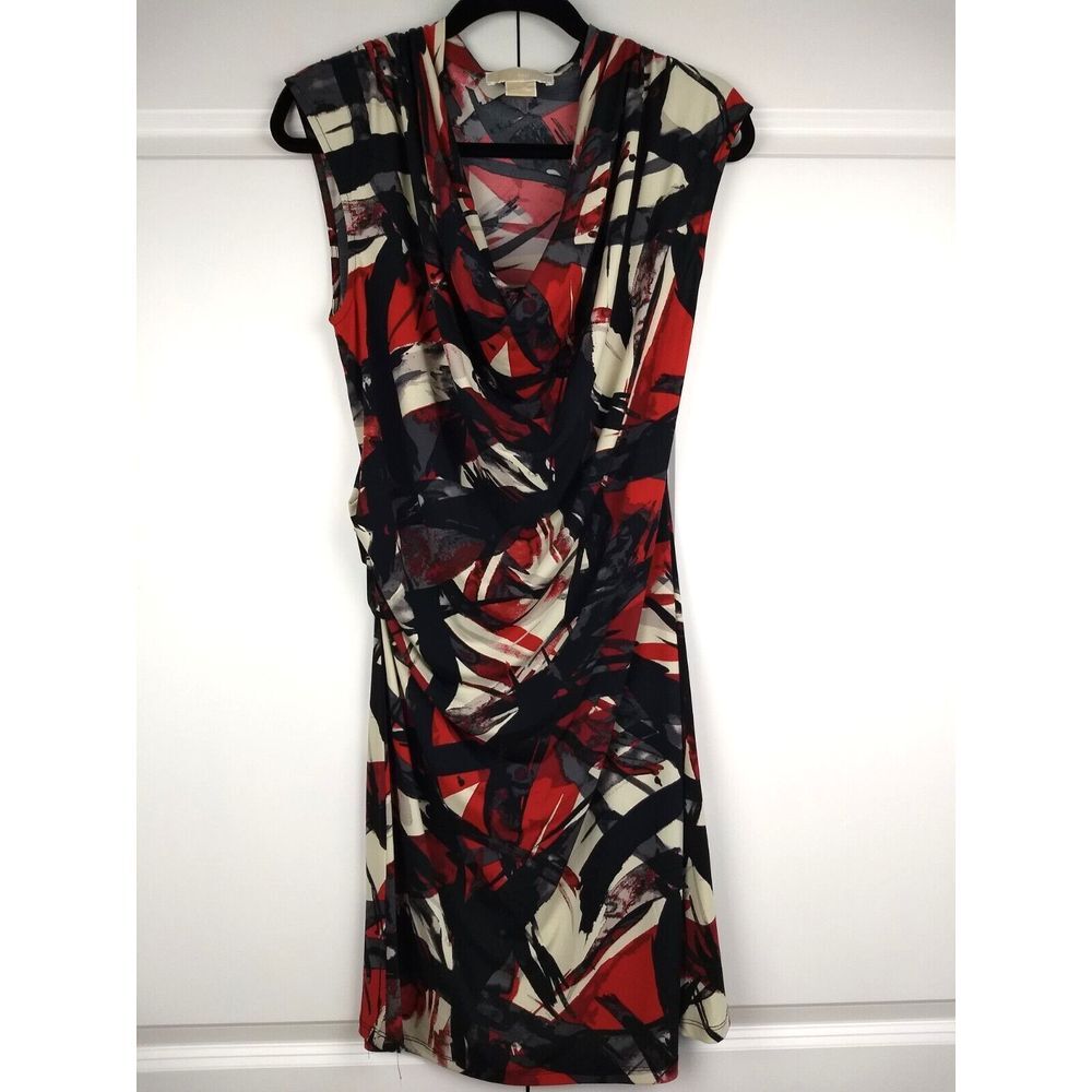 Michael Kors Sleeveless Sheath Dress L Ruched Side Cowl Neck Black Red Blaze NWT
